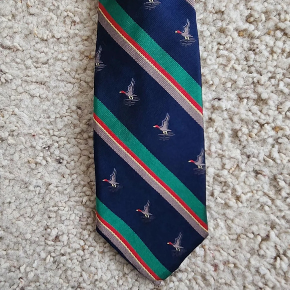 Vintage Lands' End Mallard Duck Green and Blue Striped Tie - Picture 1 of 4